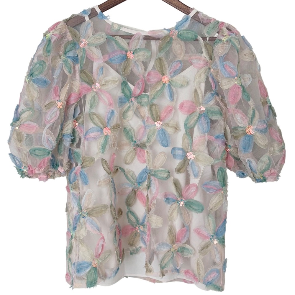 entro Pastel Floral Appliqué Organza Blouse